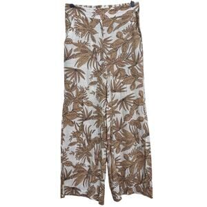 Nicole Miller High Waist Wide Leg Pants White & Beige Palm Leaf XS Linen Blend